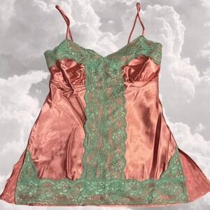 Y2K satin and lace going out pink and turquoise tank top cami